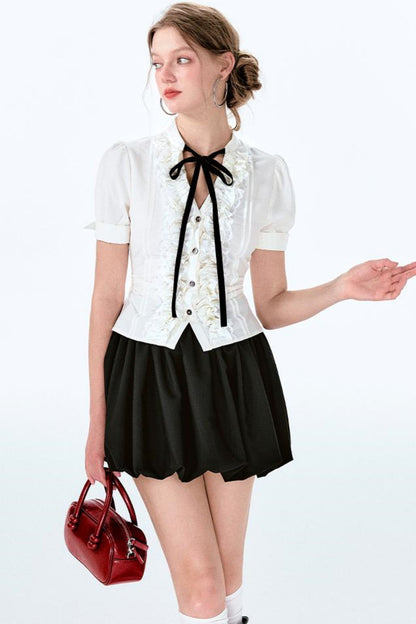 袖チャーム パフウエスト バルーンボウ シャツスカート +