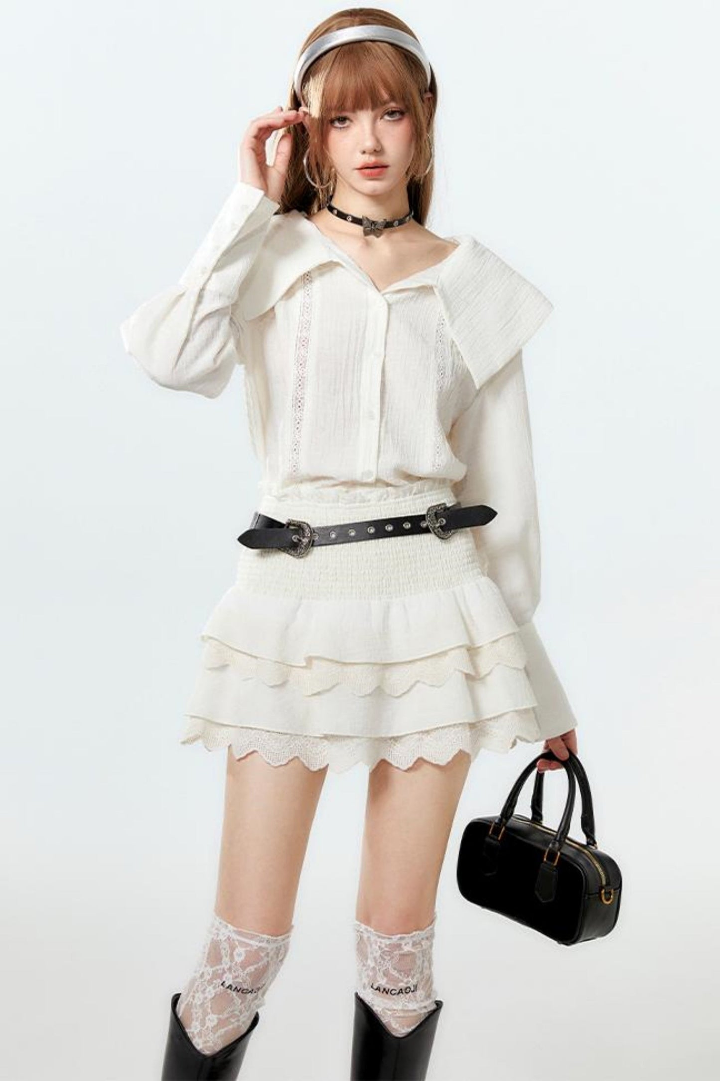 クールなラペルスカートとケーキのセットアップシャツ