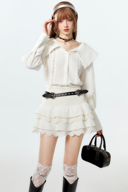 クールなラペルスカートとケーキのセットアップシャツ