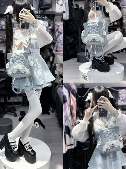 Jirai Kei Blue Cat Ear Backpack With Beaded and Rhinestone Bow Light