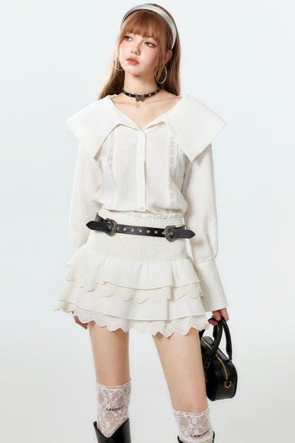 クールなラペルスカートとケーキのセットアップシャツ