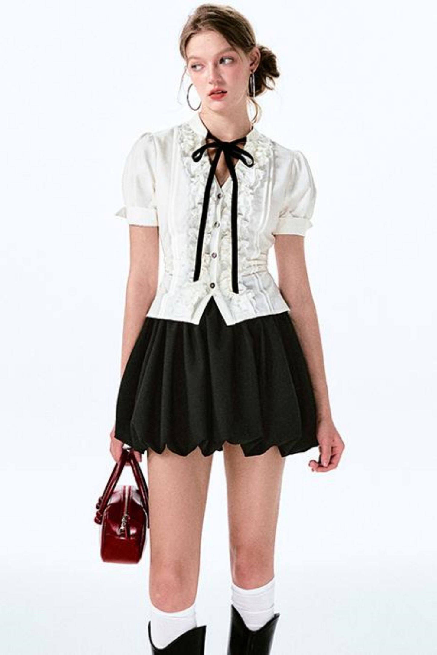 袖チャーム パフウエスト バルーンボウ シャツスカート +