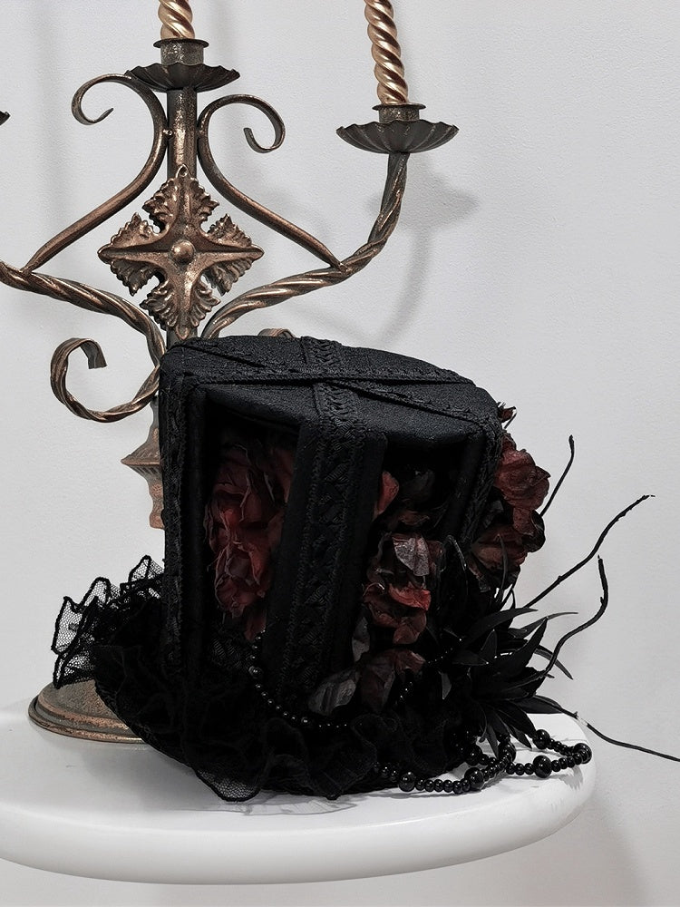 Red Withered Floral Black Ouji Fashion Top Hat