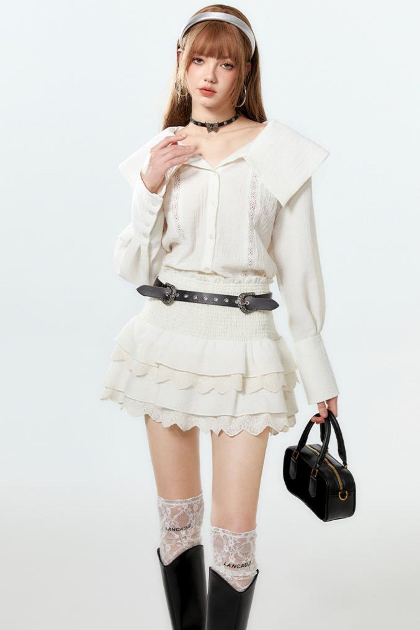 クールなラペルスカートとケーキのセットアップシャツ