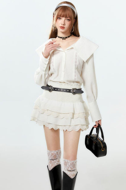 クールなラペルスカートとケーキのセットアップシャツ