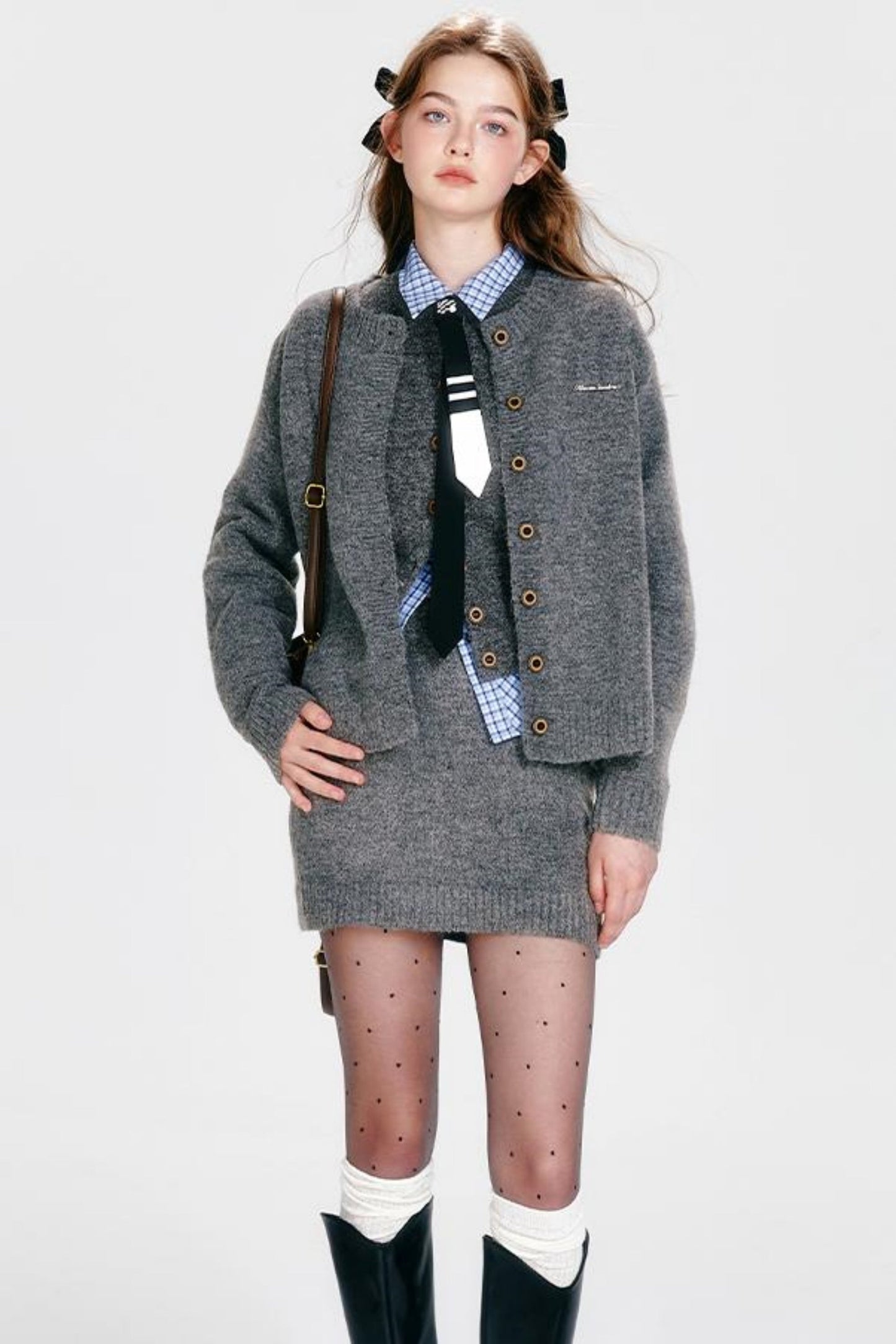 ベストジップニット+スカートシックカーディガンタイト