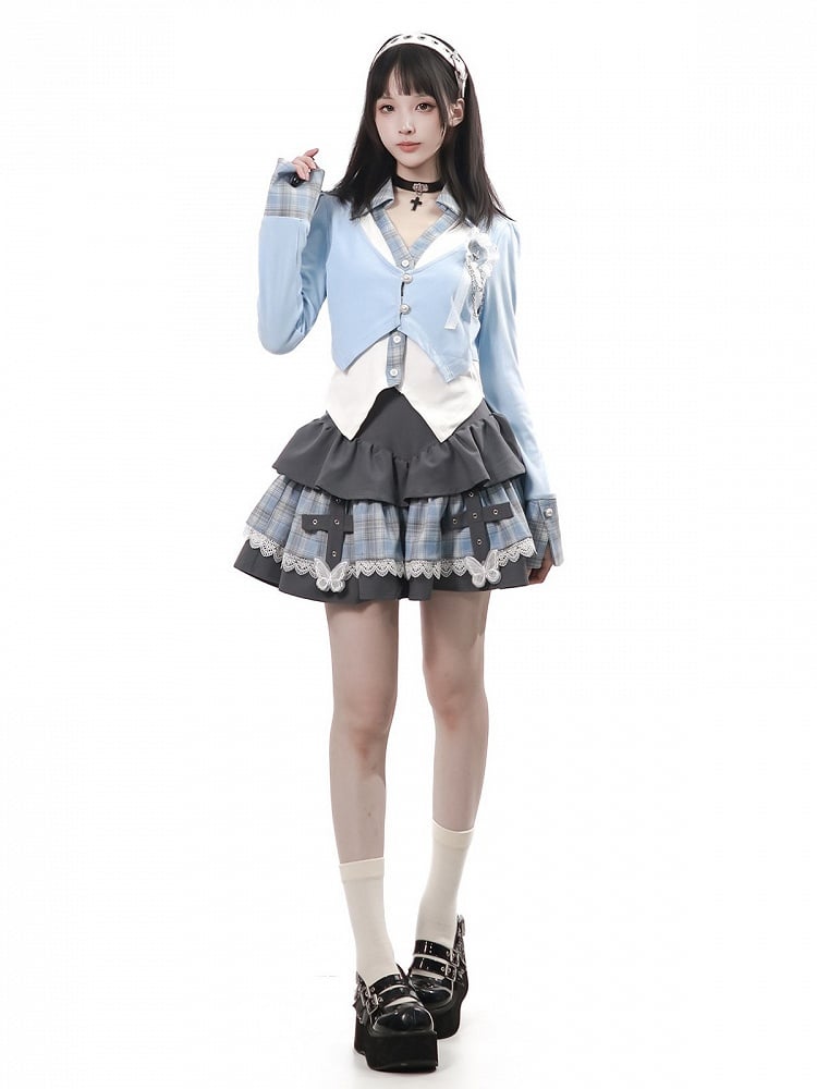 Vintage Kawaii Dusty Blue Plaid Tiered Skirt with Butterfly Embroidery and Lace Trim - PINK SAVIOR