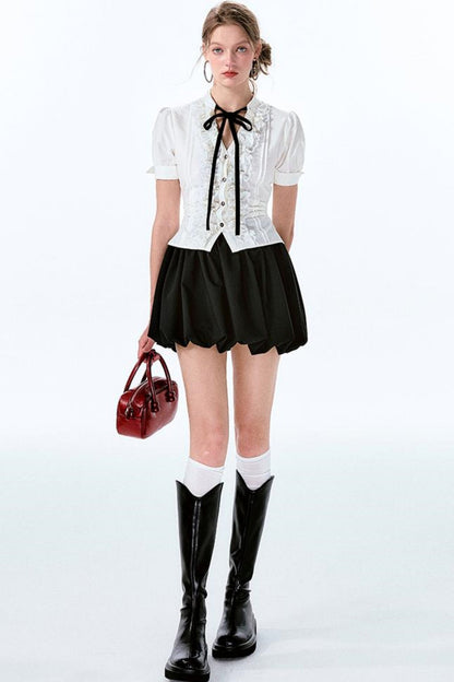 袖チャーム パフウエスト バルーンボウ シャツスカート +