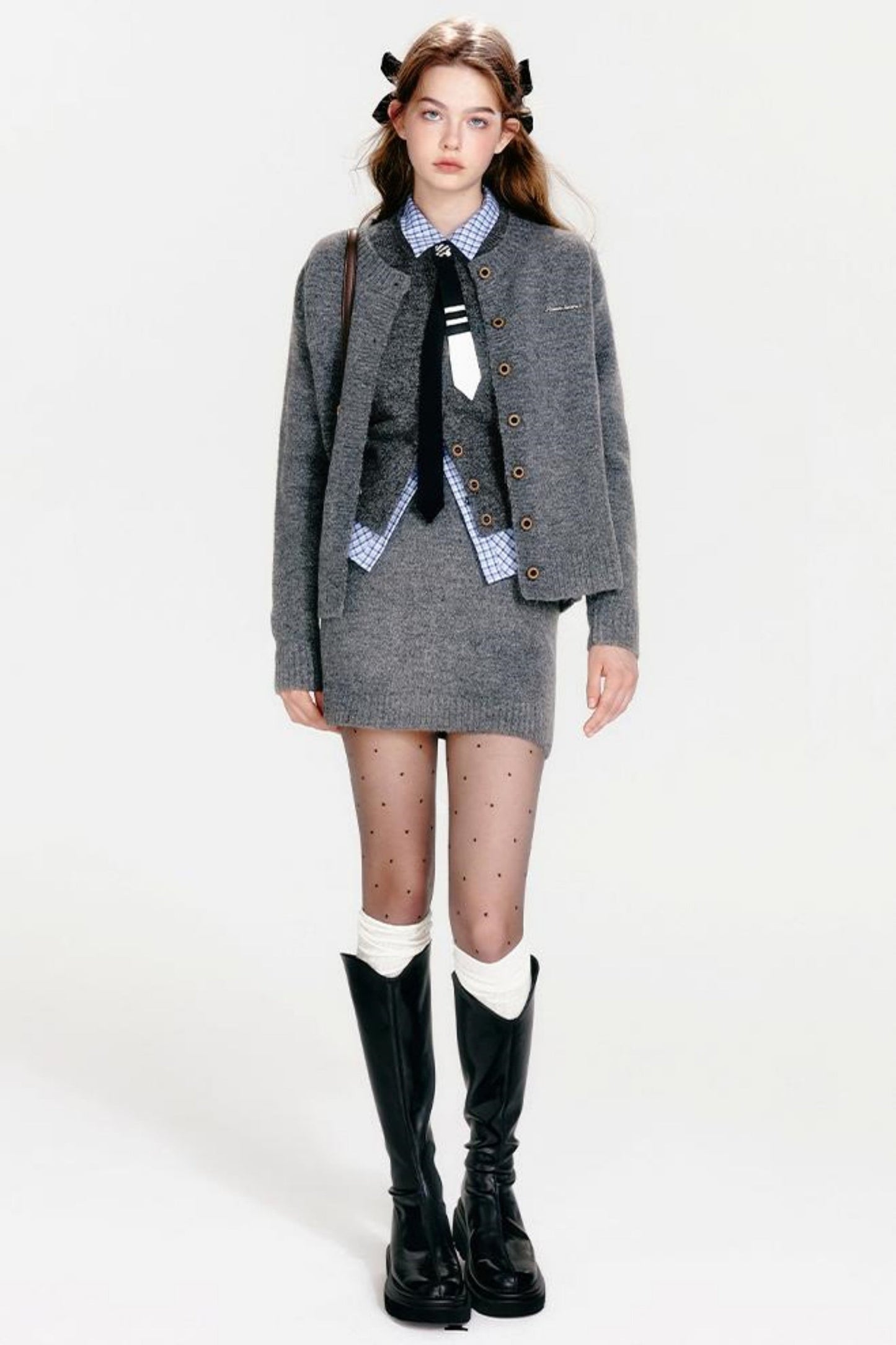 ベストジップニット+スカートシックカーディガンタイト