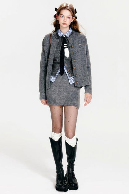 ベストジップニット+スカートシックカーディガンタイト