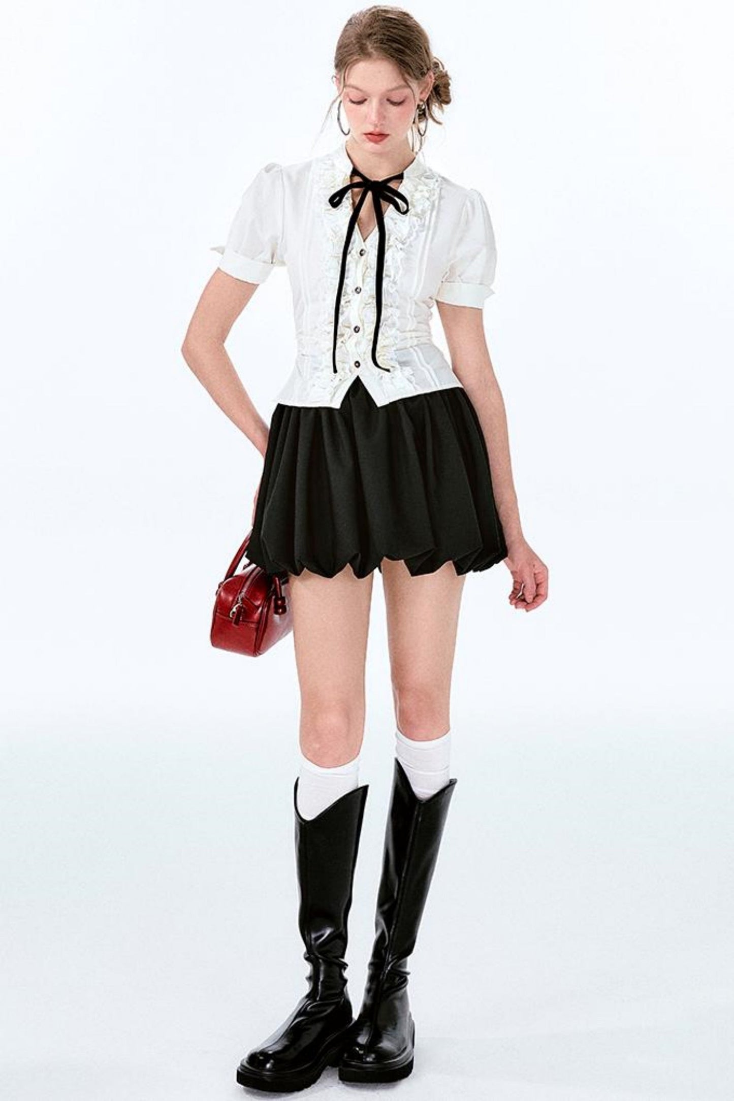 袖チャーム パフウエスト バルーンボウ シャツスカート +