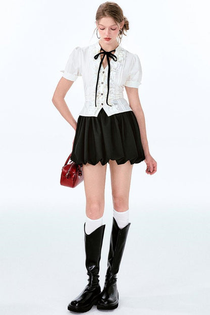 袖チャーム パフウエスト バルーンボウ シャツスカート +