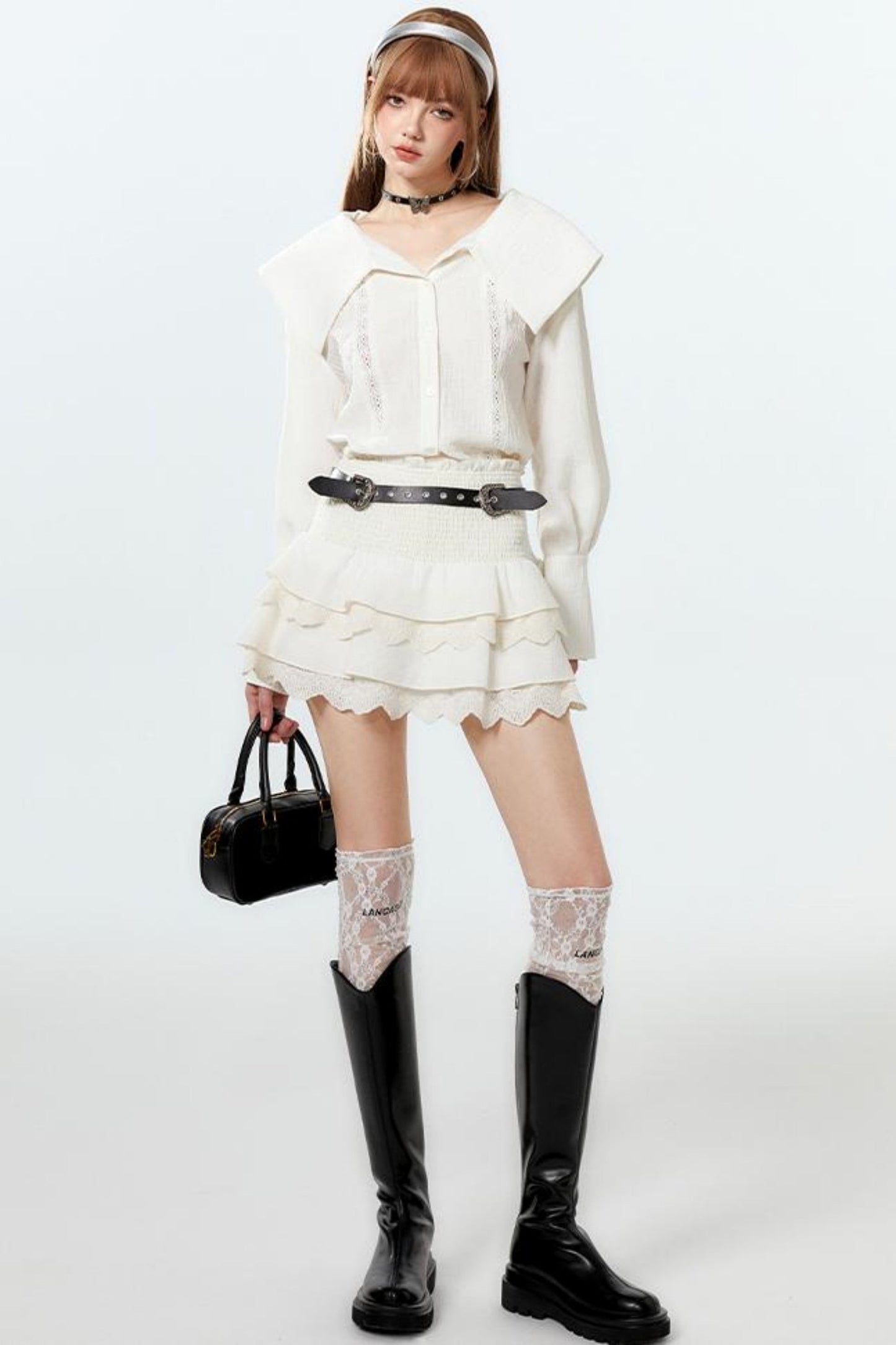 クールなラペルスカートとケーキのセットアップシャツ