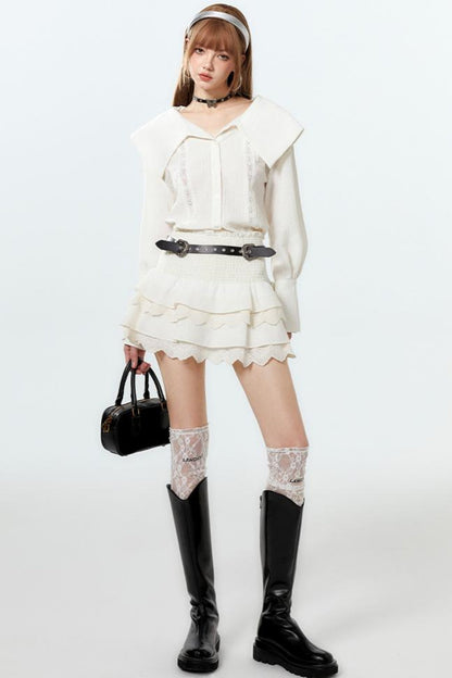 クールなラペルスカートとケーキのセットアップシャツ