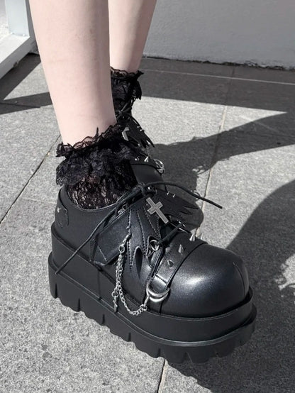 Chain Platforms Black Leather Charm PU Cross with Hybrid Detachable Embellishments Punk Stud in Fastening Matte