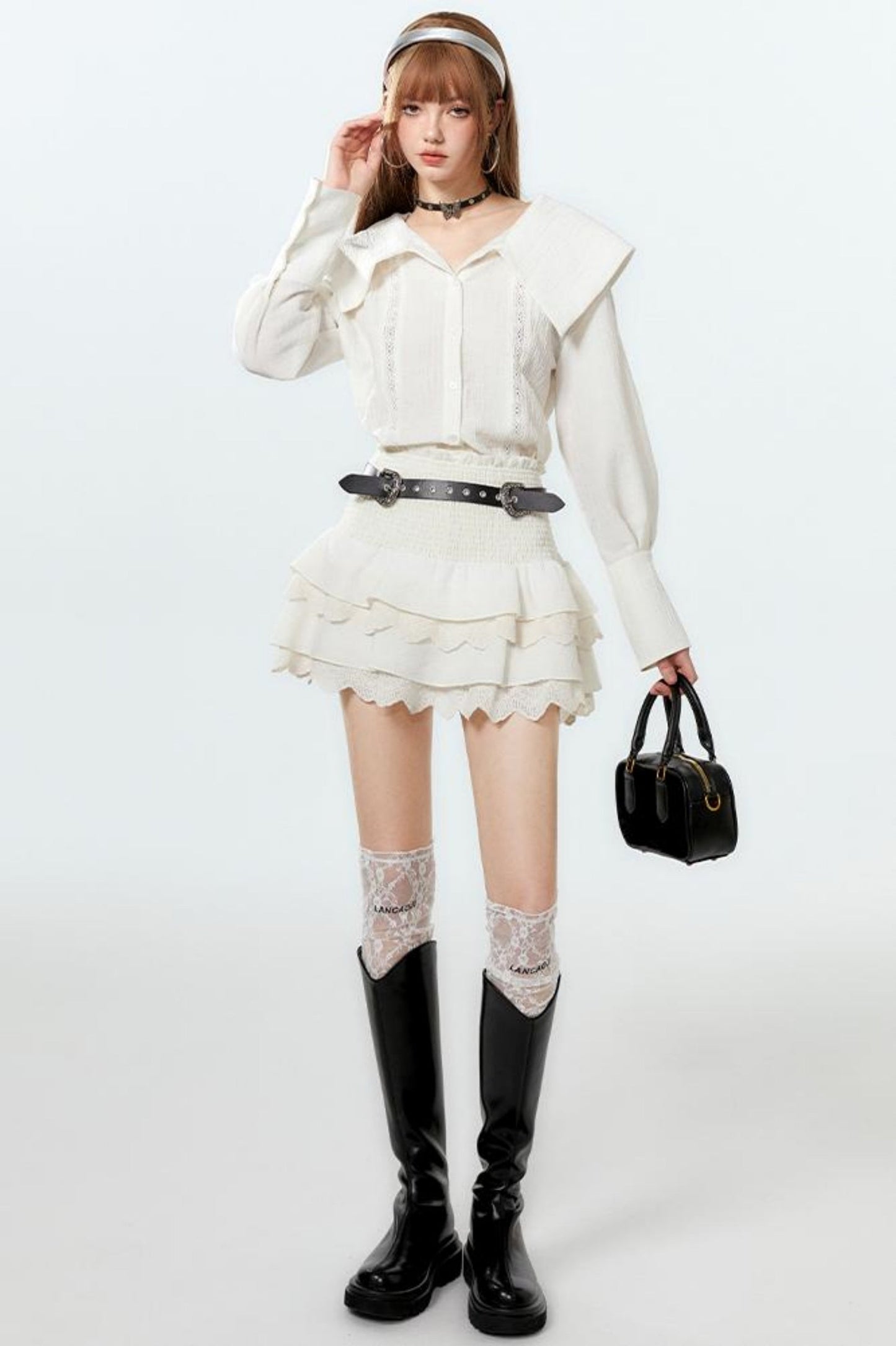 クールなラペルスカートとケーキのセットアップシャツ