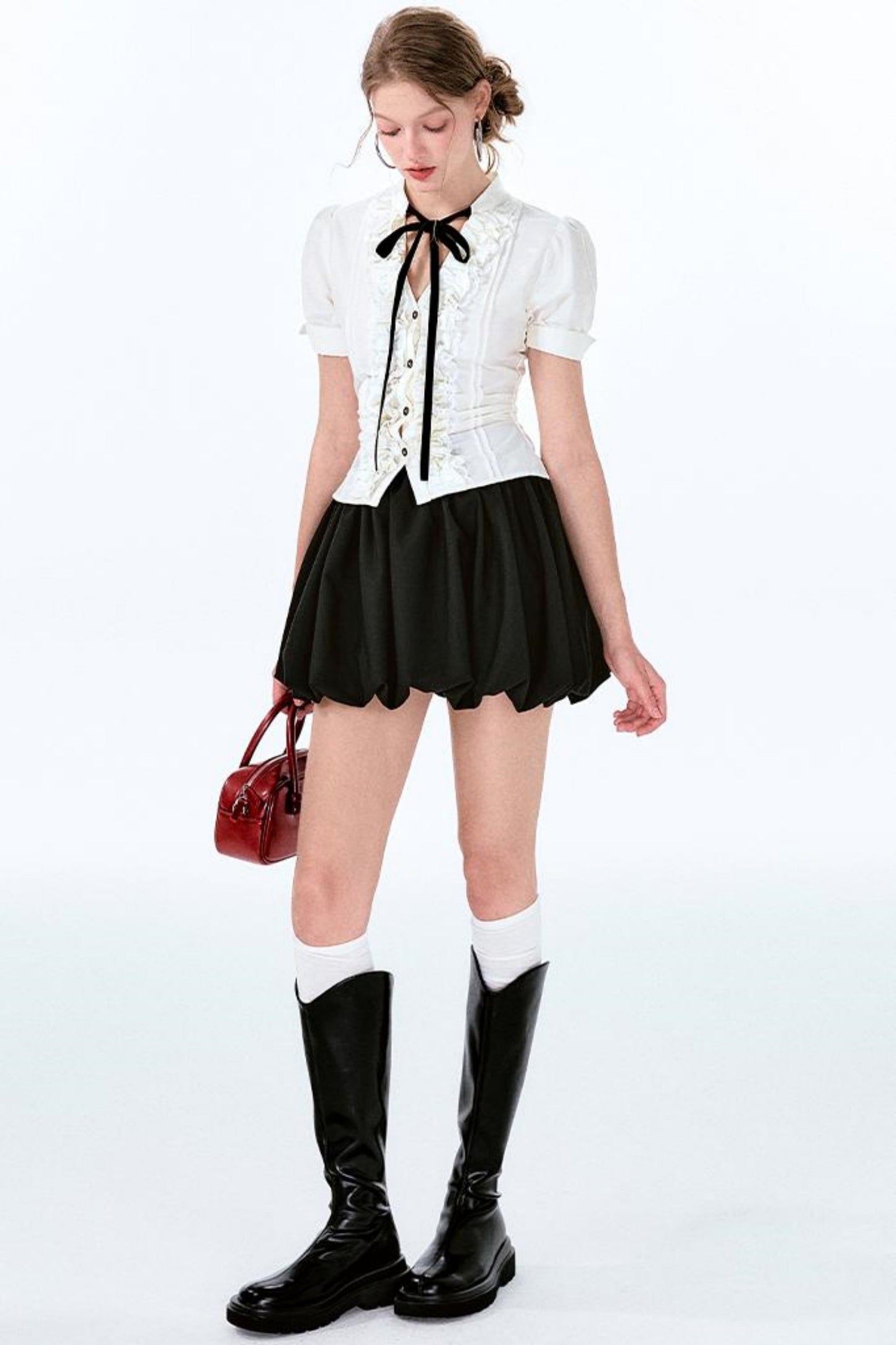 袖チャーム パフウエスト バルーンボウ シャツスカート +