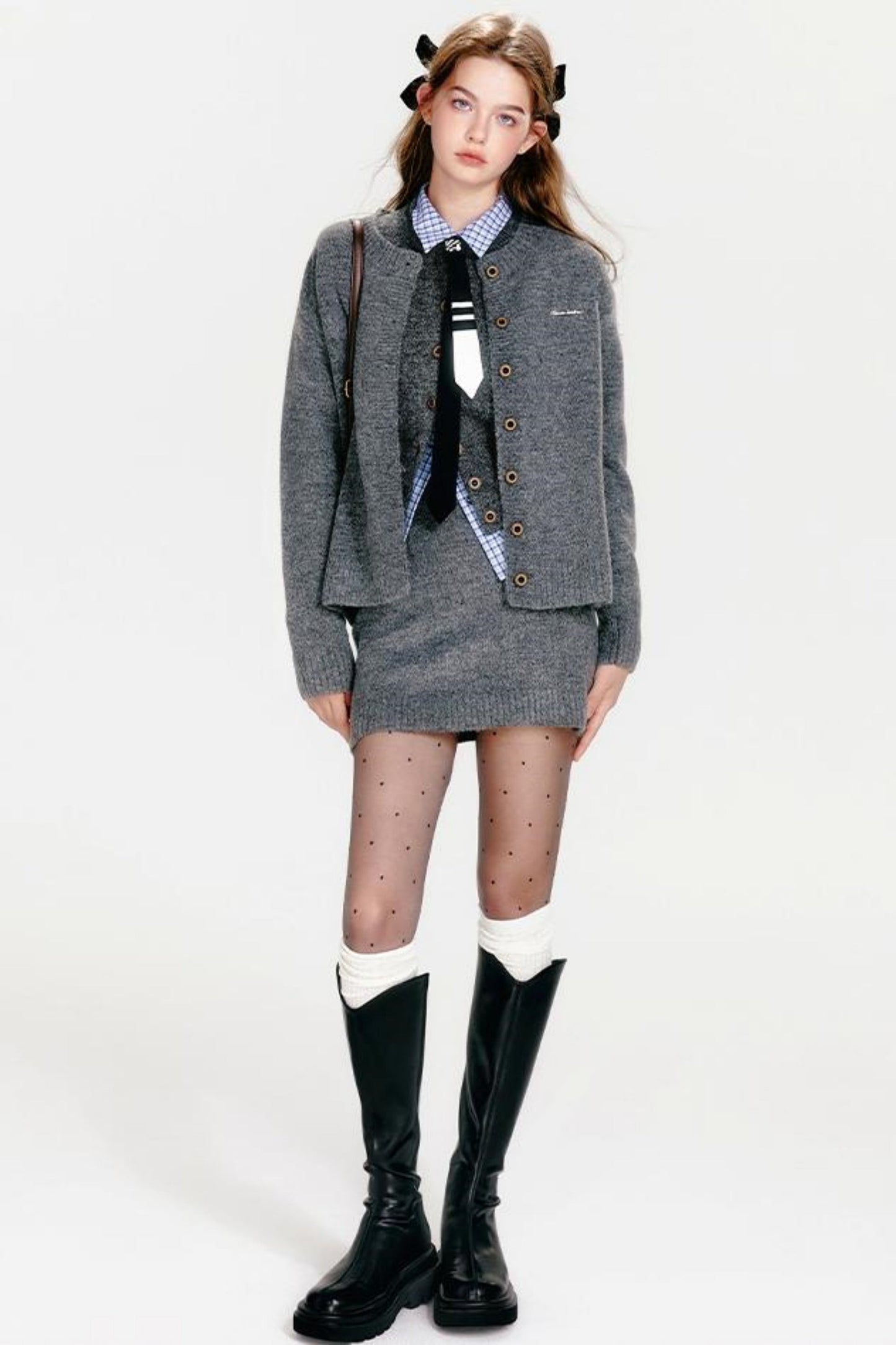 ベストジップニット+スカートシックカーディガンタイト