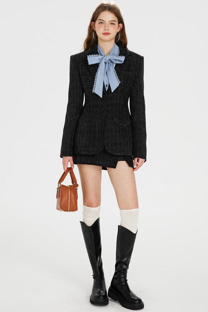 シャツ + ツイードパンツ ホットポケットリボンジャケット