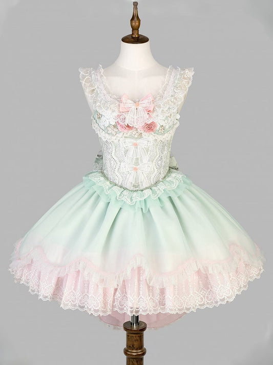 and Sweet Skirt Corset + Lace-Trimmed Bow Jacquard Green Decorated Lolita Lace Top