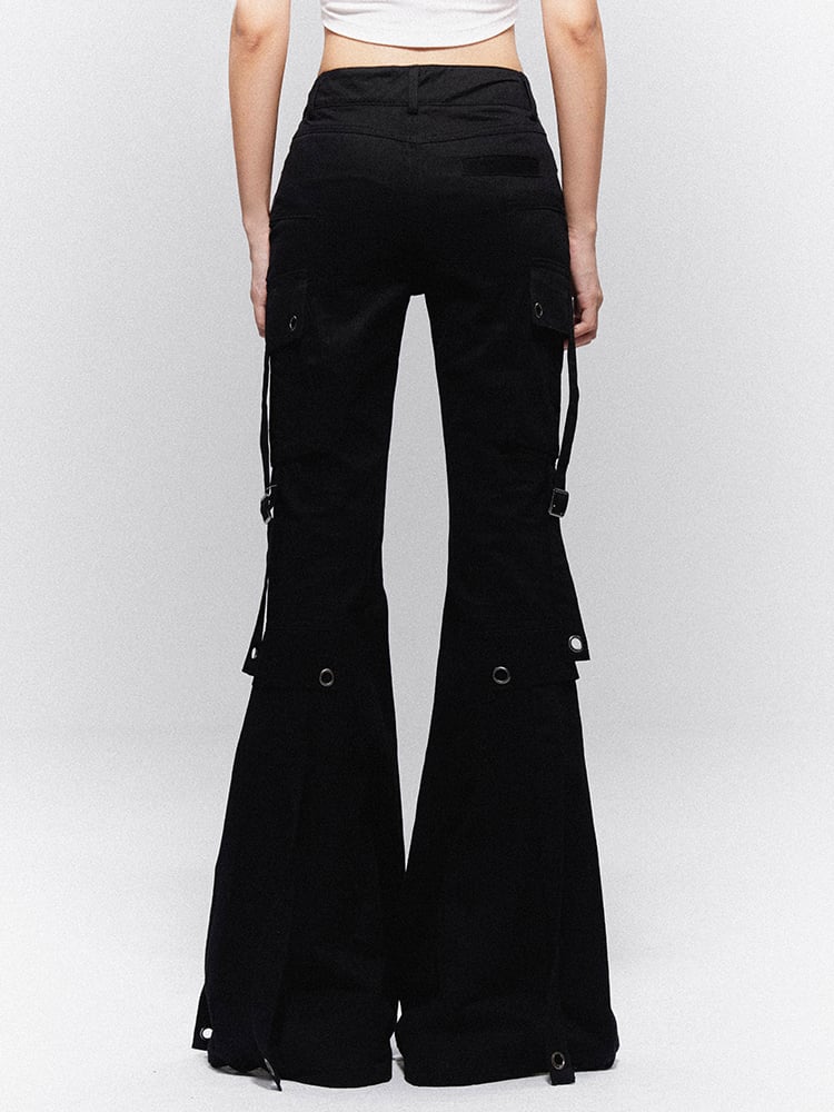 Vintage Straps on Pants Black Dangling Cargo Flap with Flared