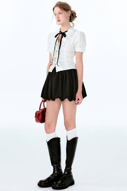 袖チャーム パフウエスト バルーンボウ シャツスカート +