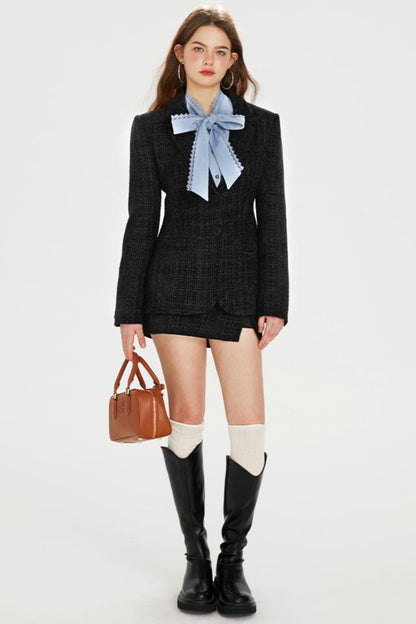 シャツ + ツイードパンツ ホットポケットリボンジャケット