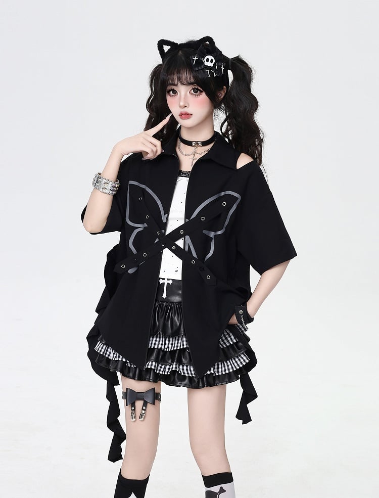 Cascading Ruffles Black Cutout Shoulder Butterfly with Criss-cross Design  Zip-up Shirt