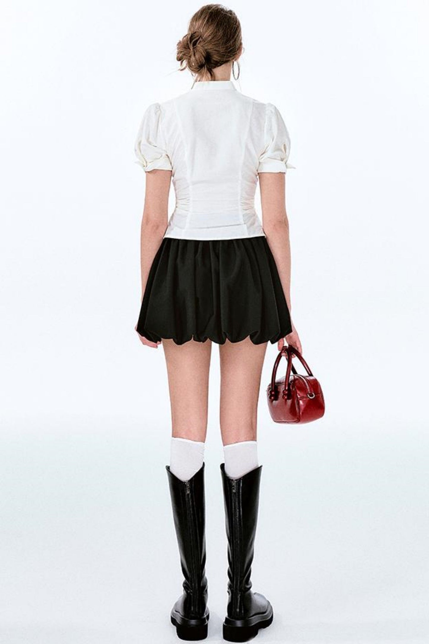 袖チャーム パフウエスト バルーンボウ シャツスカート +