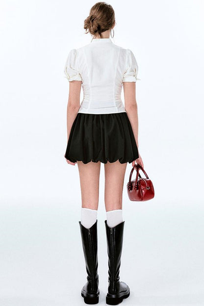 袖チャーム パフウエスト バルーンボウ シャツスカート +