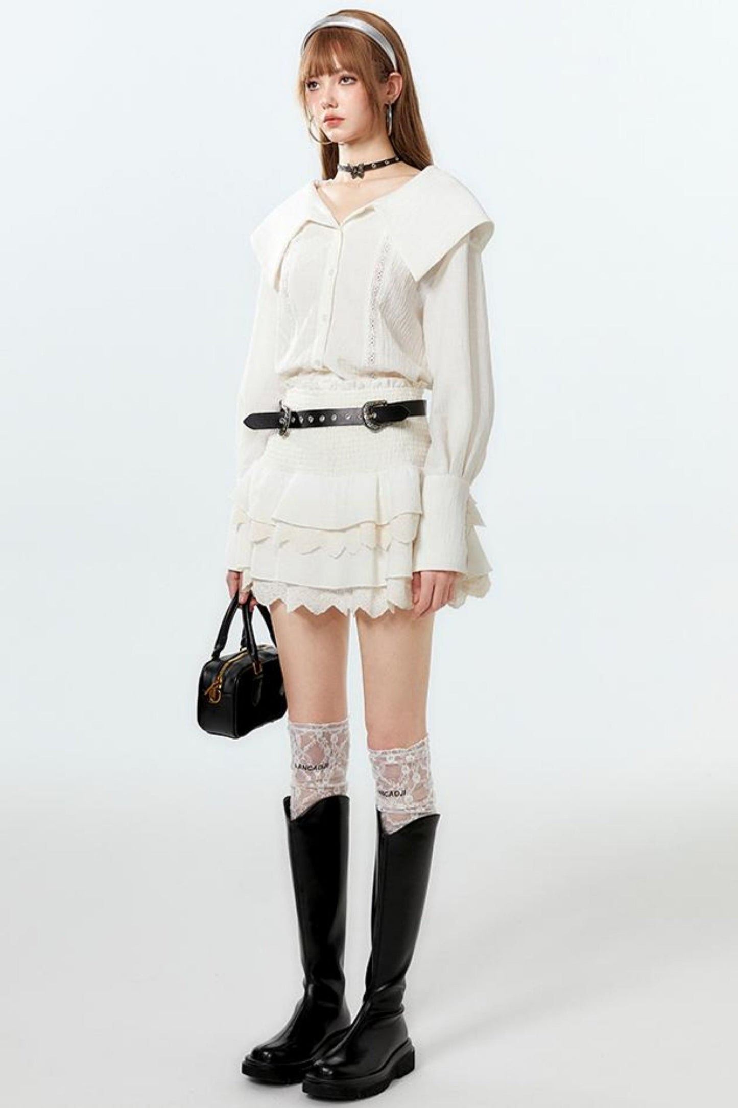 クールなラペルスカートとケーキのセットアップシャツ