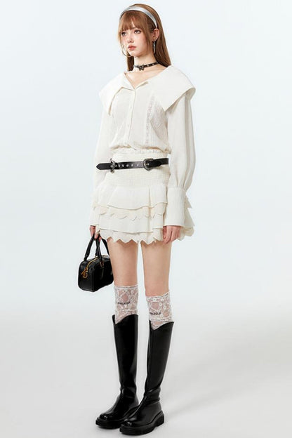 クールなラペルスカートとケーキのセットアップシャツ