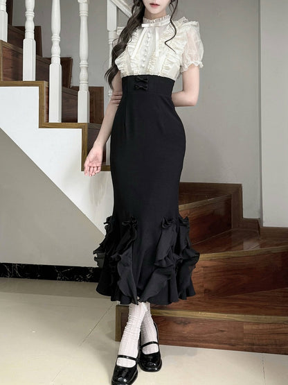 2つのフェイクドレススカートデザインウエストピースマーメイドボーンとブラックロリータブラウスベージュエレガント