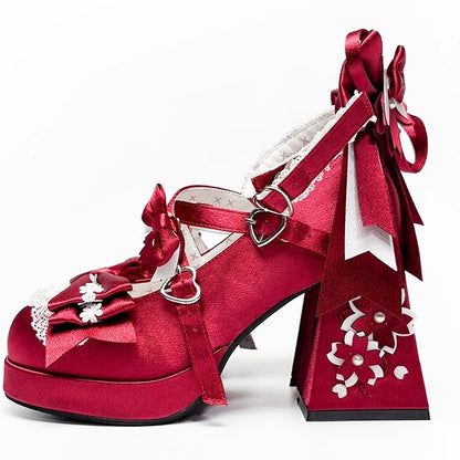 Bow Heel - Heart Satin with in High Janes Red Themed Accents Sakura Snap Block Mary