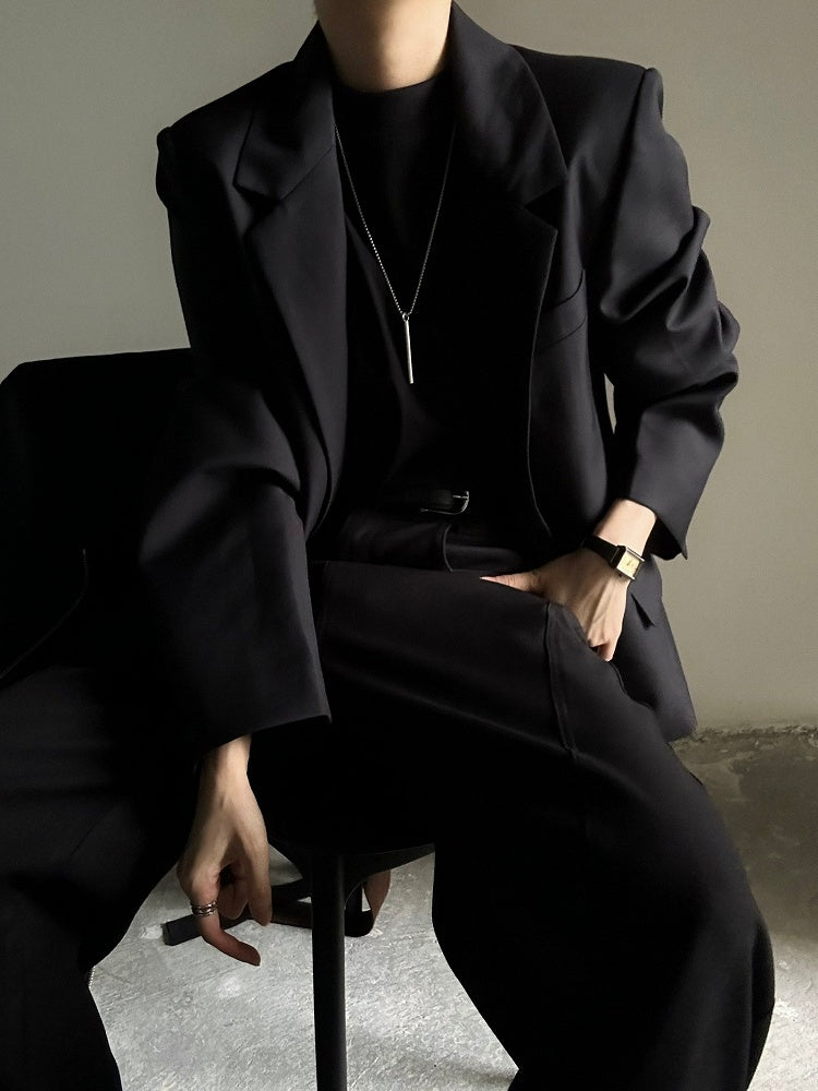 Black Collar with Notched Front Button Blazer - Ouji