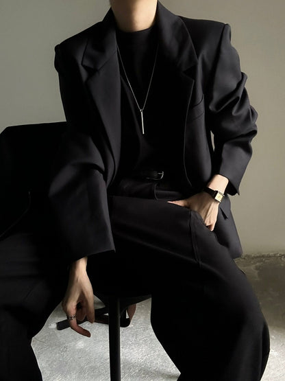 Black Collar with Notched Front Button Blazer - Ouji