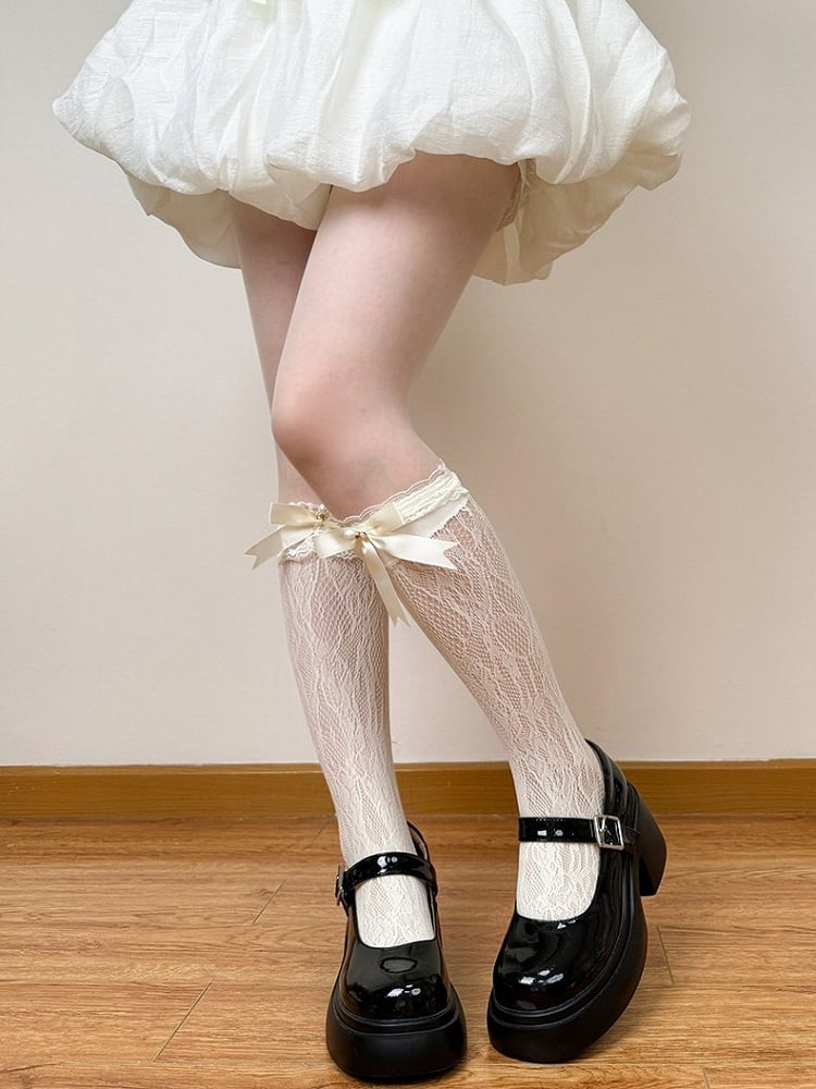 Lolita Lace Pattern Calf Socks in White, Black & Milk Yellow with Stretch Fit - Fat Bear Story