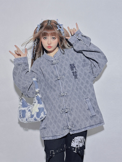 デニムブルー ラウンドネック レター ルーズジャケット