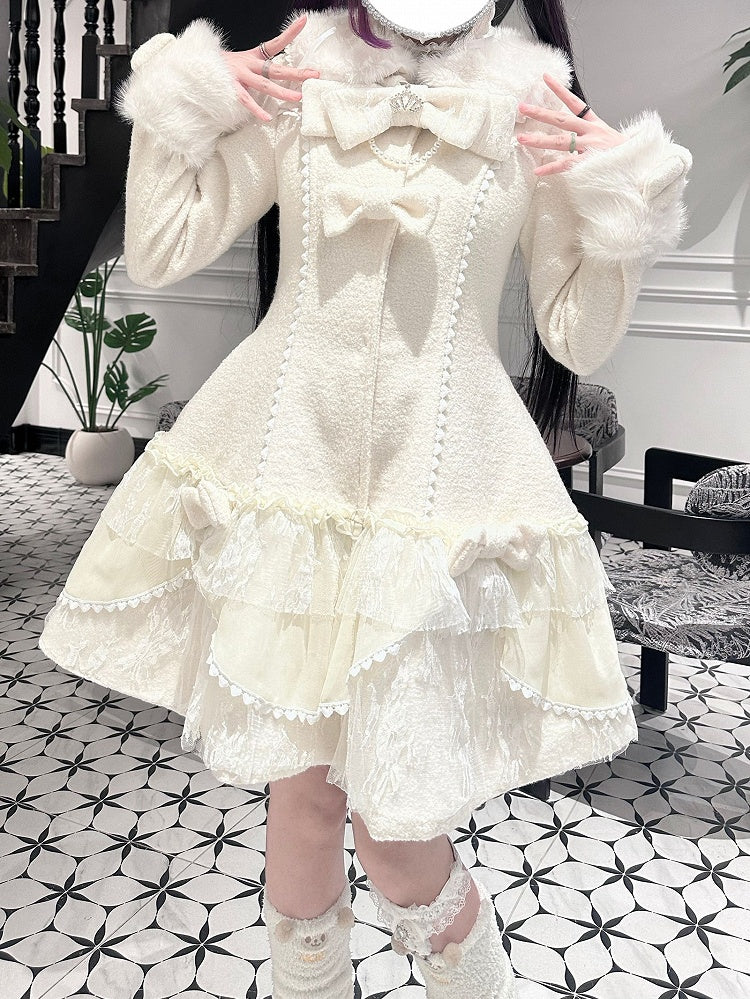 Jirai Kei Pink / Beige Mid-Length Padded Coat with Plush Accents and Sweet Lace Trim