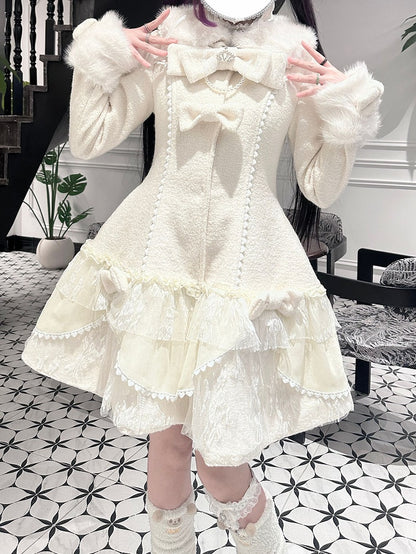 Jirai Kei Pink / Beige Mid-Length Padded Coat with Plush Accents and Sweet Lace Trim