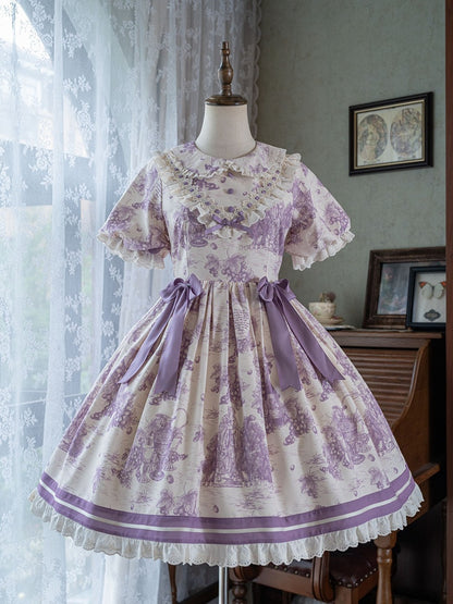 Lolita Print Lila Kurzes Kleid mit Peter-Ärmeln und Traubenkragen