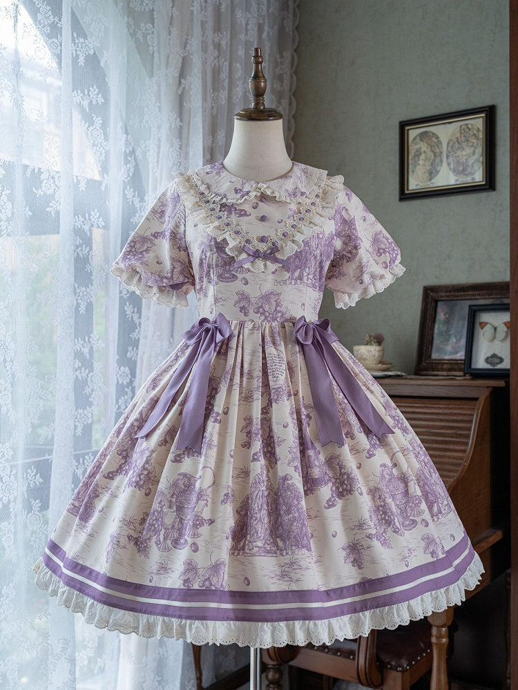 Purple Sleeves Lolita Dress Collar Peter Print Grapes Short Pan