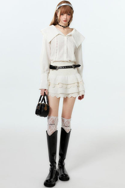 クールなラペルスカートとケーキのセットアップシャツ