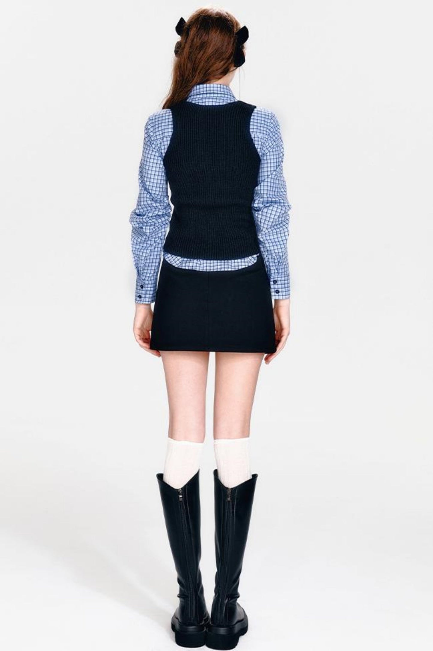 シャツとヒップクールブルーチェックスカートのミントセットアップ