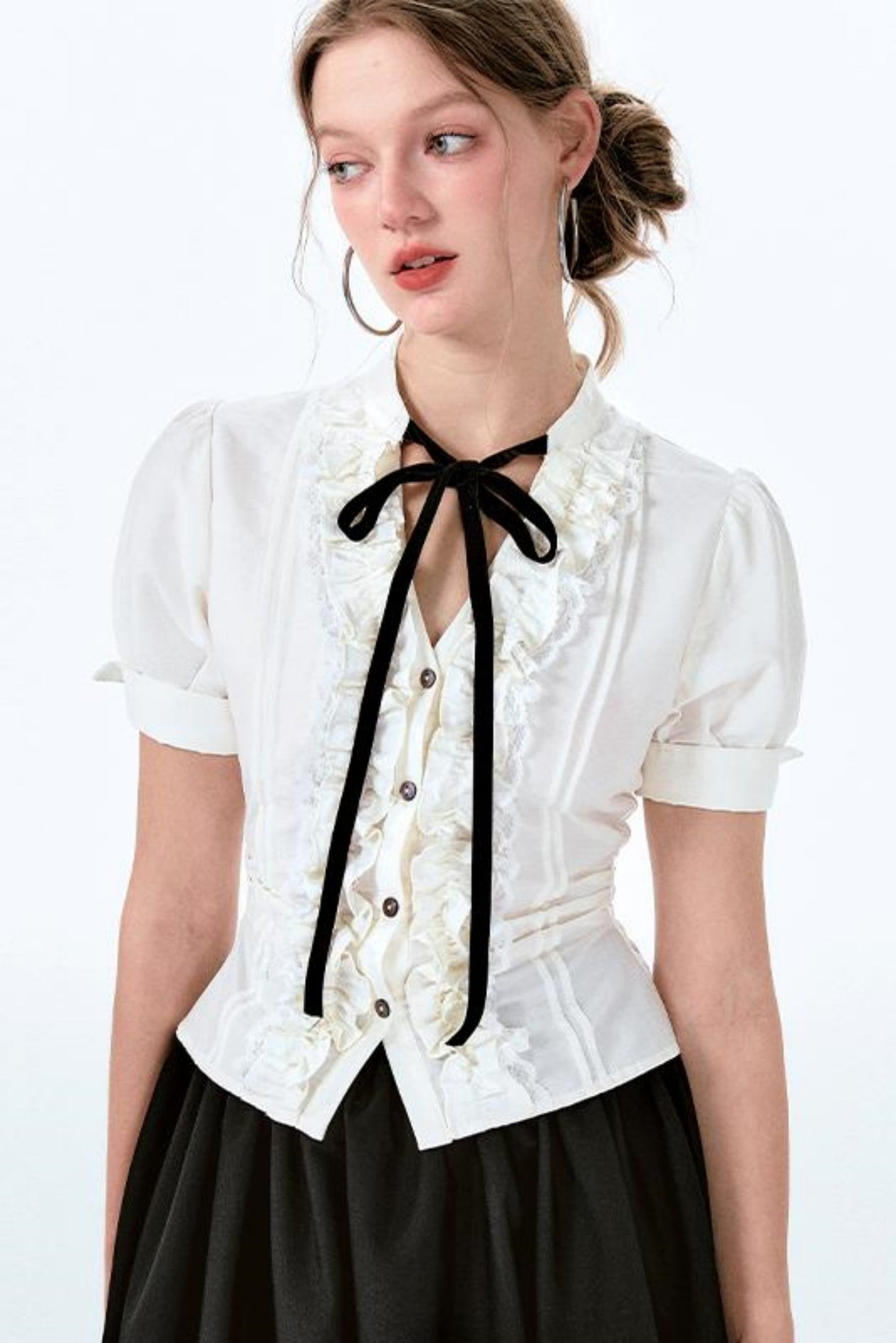 袖チャーム パフウエスト バルーンボウ シャツスカート +