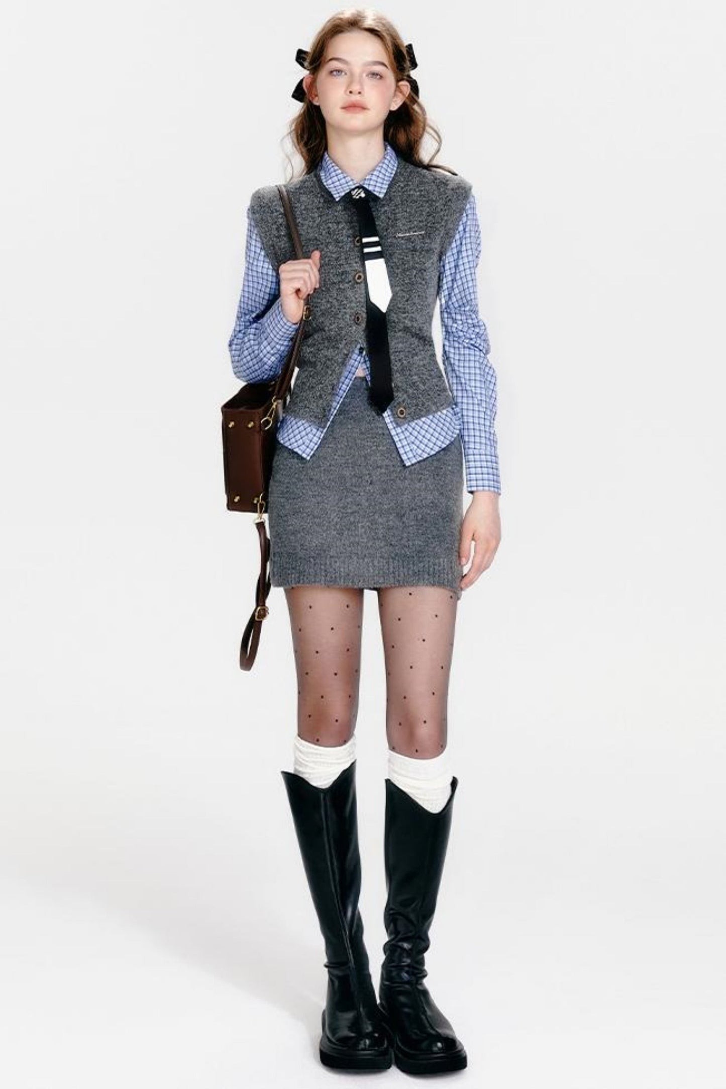 ベストジップニット+スカートシックカーディガンタイト