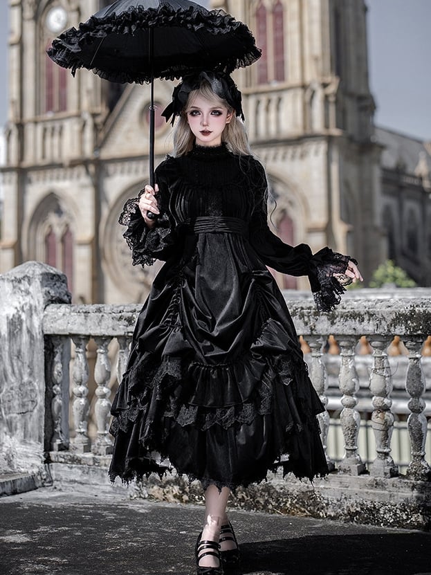 Gothic Hem with Lolita Black Versatile Velvet Drawstring Ruffled Dress