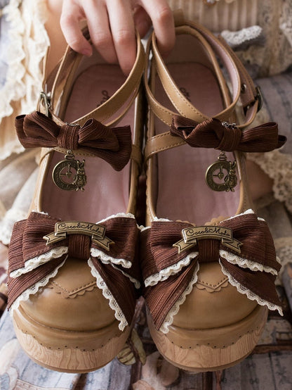 Light PU Round Clock Charm Brown - Shoes Toe Accents Platform Bow
