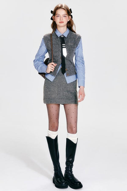 ベストジップニット+スカートシックカーディガンタイト