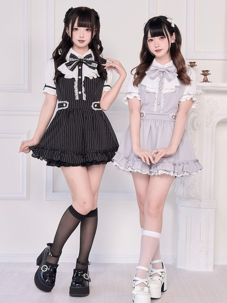 Jirai Kei Black Set: Short Sleeves Dress with Self-tie Back Straps and Shorts Striped